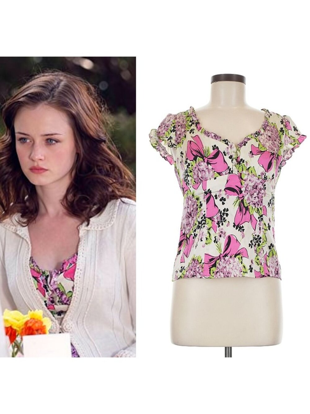 ASO RORY ALEXIS BLEDEL GILMORE GIRLS Floral Silk Blouse RARE LUXURY BOHO Y2K